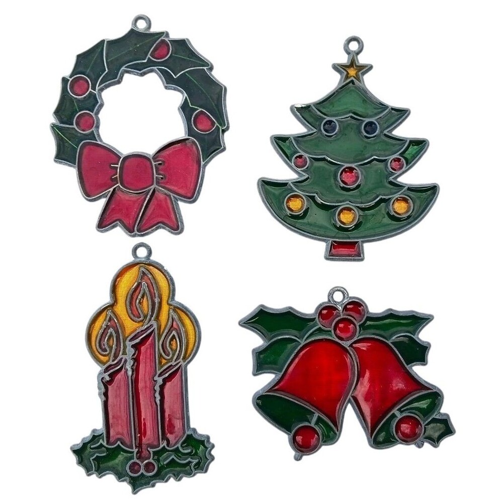VTG Lot Of 4 Christmas Stained Glass Metal Ornaments / Sun Catchers Wreath Tree